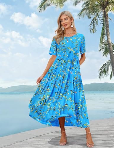 YESNO Women Dresses Casual Plus Size Bohemian Short Sleeve Floral Long Maxi Summer Beach Swing Dress/Pockets 3XL EJFUK CR44 - Image 2