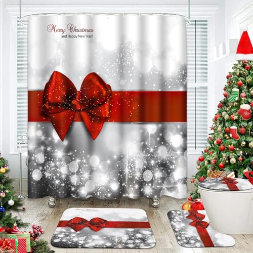 Britimes Christmas Bathroom Sets with Shower Curtain and Rugs Set of 4 Bow