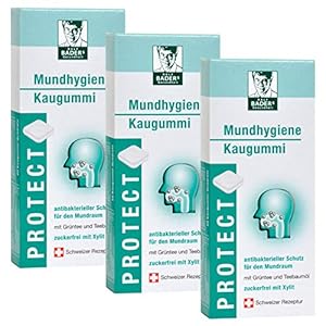 Ralf BADERs Gesundheit PROTECT mondhygiëne kauwgom van de apotheek, antibacteriële bescherming voor de mondholte met tea tree olie, groene thee en xylitol, 3 x 20 kauwgomvierkanten, 111 g
