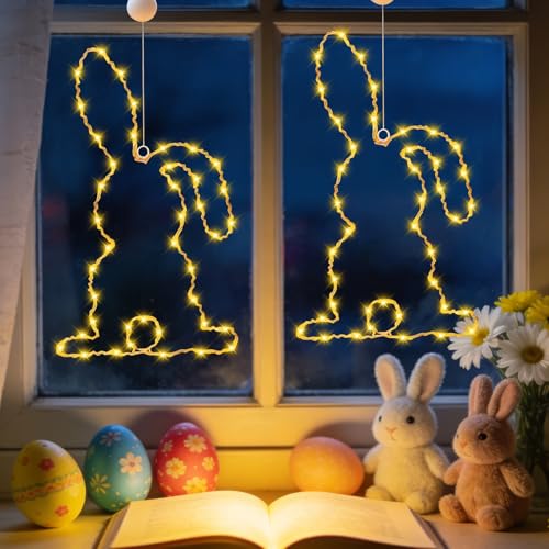 2PCS Osterdeko LED Fenster Licht, Osterdeko LED Hase Fens-terdeko mit Timer & Saugnapf, Osterhase Fensterlichter, Osterde-ko Fen-ster Licht, Oster-deko Fenste-rbeleuchtung, für Innen Außen Deko