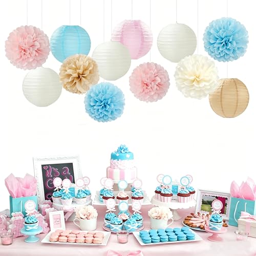 Image of Light-Blue Pink Champagne Gender-Reveal Party-Decorations - 15pcs Boy Or Girl Paper Flowers Tissue Pom Poms Lanterns Streamers,Birthday Bear Baby Shower Neutral Hanging Supplies Decor Hugfond