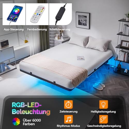 Bonnlo Bettgestell 180x200 cm mit Lattenrost, Bett 180x200 cm mit LED Beleuchtung, Metallbett Robust, Schwebenbett mit 36 cm Höhe schwarz (ohne matratze)