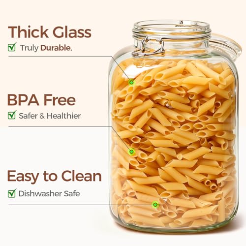Image of ComSaf Square Glass Pantry Jars with Airtight Lids 1.1 Gallon 2 Pack Large | Flour sugar rice, Coffee beans, Sourdough pickling, Pantry organization, Pickling fermenting, Cabinet organization, Snacks