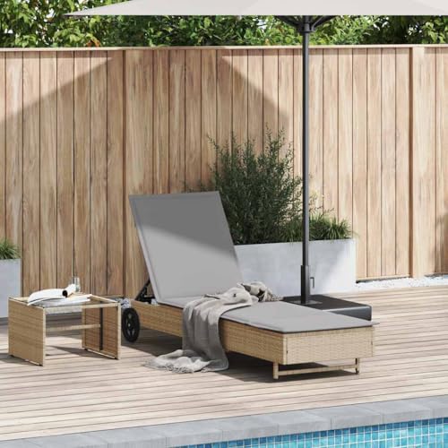 SooIarix Tumbona con ruedas y cojín de ratán de poli color beige, respaldo ajustable, resistente a la intemperie, 200 x 55 cm, incluye cojín lavable para jardín, balcón y camping