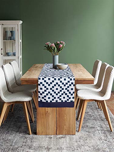 Image of Dekor World Fun with Checks Printed Dark Blue Table Runner (33x120cm) (Pack of 1)-4 Seater Dinning & Center Table