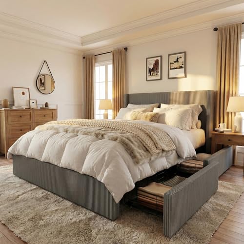 Garvee Bed Frame King Size with 4 Storage Drawer, Bed Frame with Headboard and Corduroy Vertical Channel Tufted Wingback, Sturdy Wooden Slats Support, Noise Free, Grey