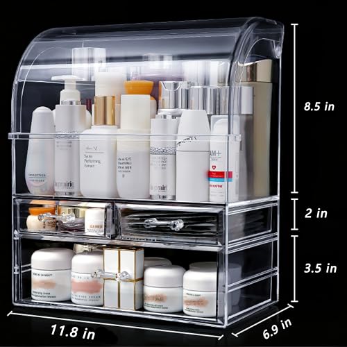 Image of Clear Large Acrylic Makeup Organizer With Lid Cosmetic Storage Drawers Portable Makeup Organizers Dustproof And Waterproof Box For Women (14in)