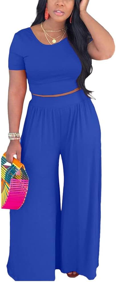 HBQ Two Piece Outfits For Women Casual Sweat Suits Backless Short Sleeve Crop Tops Wide Leg Pants Lounge Sets Tracksuit-Blue-XXL
