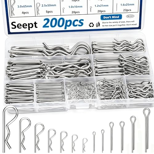 Image of 200Pcs 304 Stainless Steel Cotter Pins Assortment Kit - Hitch Pin Clips for Locking Systems | Ideal for Farm Tools, Tractor Implements, and Accessories