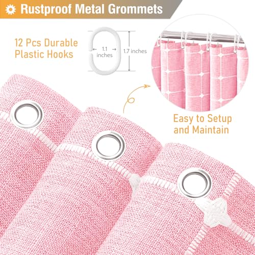 Image of BTTN Boho Farmhouse Shower Curtain - Linen Rustic Heavy Duty Fabric Shower Curtain Set with Tassel, Water Repellent, Bohemian Vintage Country Thick Cloth Shower Curtains for Bathroom - Pink - 72x72
