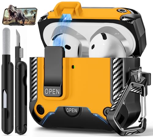 Image of for AirPods 4 Case with Lock & Phone Stand(Yellow) | Automatic Snap Switch Lock,Carbon Fiber Texture Design Cover with Cleaner Kit