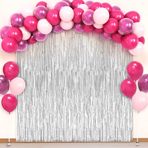 KatchOn Silver Fringe Backdrop And Pink Balloons, Pack of 52