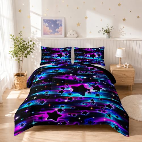 Image of Nttopship Colorful Sky Meteor Stars Comforter Set King Size,Beautiful Galaxy Bedding Sets 3-Pieces for Boys Girls Teen Room Decorat, Soft Lightweight Bed Set with Comforter 2 Pillowcases