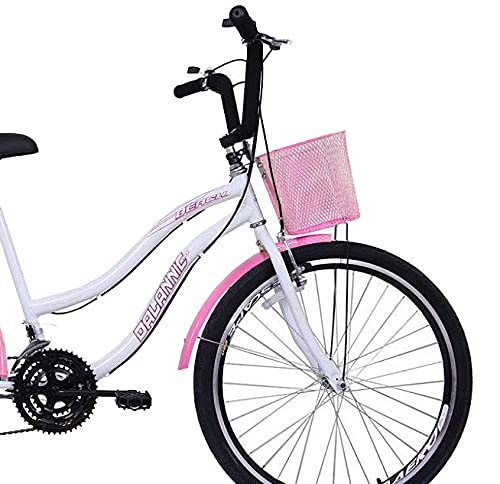 Bicicleta Aro 26 Feminina Beach Retrô 18 Marchas Branca e Rosa
