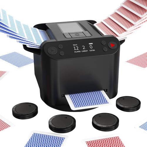 KPAW 2-in-1 Automatic Card Shuffler & Dealer - Support 12 Players 4 Drawing Remotes Built-in Gameplays 360/180 Deal Adjustable Dealing Distance for Poker UNO Phase 10 Skip-Bo Rummy