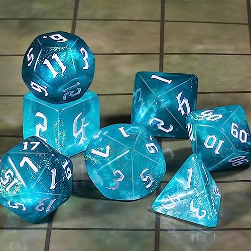 CiaraQ Polyhedral Dice Set, 7 Pieces Acrylic RPG Dice for D&D with Black Velvet Bag – Translucent Teal – Standard Size – Ages 14+ — view 2
