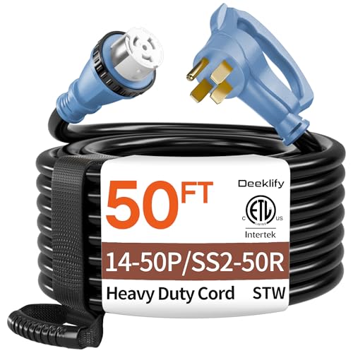 50FT 50 Amp Generator Cord NEMA 14-50P/SS2-50R Heavy-Duty 4 Conductors Cable Pure Copper STW RV Extension Cord Female Plug with Twist Lock Suitable for RV or Camper ETL Listed
