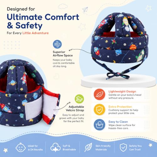 Image of MELVIS Baby Safety Helmet for Crawling & Walking | Soft Cushion Head Protector Helmet for Toddlers 6 Months-2 Years | Adjustable Infant Head Guard - Multi Printed Dark Blue