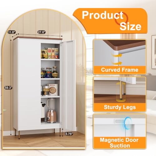 Image of 59 inch Metal Pantry Cabinet,White Kitchen Pantry Cabinets with Doors | Tall Freestanding Storage Cabinet with Adjustable Shelves,Anti-Tip,Modern Cabinet for Living Room, Kitchen, Bathroom,Dining