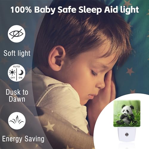 Image of Cute Panda Eating Bamboo Night Light, Natural Animal Green Leaves Dusk to Dawn Night Light Plug in, 0.5W Energy Saving Sleep Friendly NightLight for Kids Boys Girls Home Decor