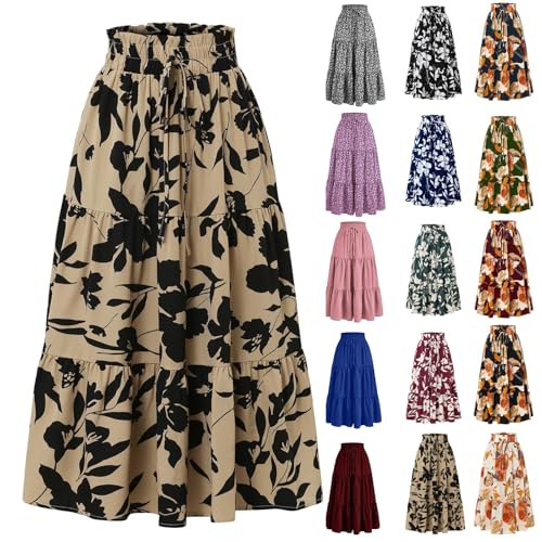 Summer Skirts for Women 2025 Vacation Boho Floral Tiered Maxi Skirt Drawstring High Waisted Flowy Ruffle A Line Skirt