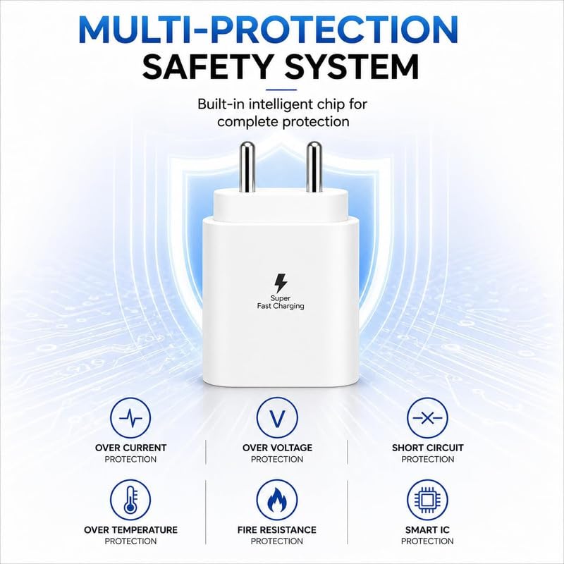 Image of 25W Type-C Superfast Charging Adapter Compatible with Samsung Galaxy A35|A27|A55|A56|A57|M14|M15|M16|M17|M47|F56|F57|F70e | 25 W Fast Charger Power Adaptor for Other USB C Mobile Phone, White