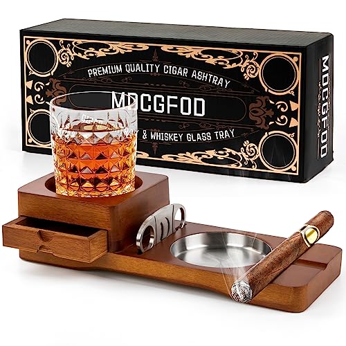 Cigar Ashtray Coaster Whiskey Glass Tray and Cigar Holder Wooden Ash Tray Slot to Hold Cigar Cigar Rest Cigar Cutter Cigar Accessory Set Gift for Men Dad Great Decor for Home