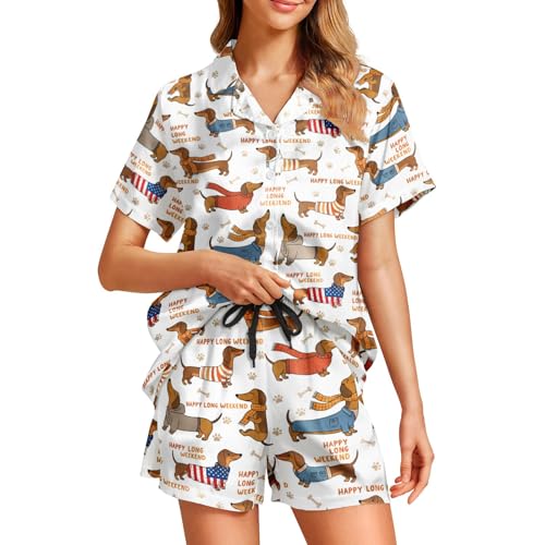 WELLINZER Dachshund Pajama for Women 2Pcs Short Sleeve Sleepwear Comfy Dachshund Pjs for Women Satin Silk Pajamas Set Loungewear M