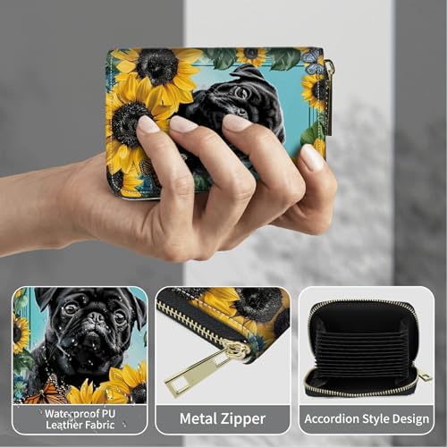 Image of Cute Credit Card Holder with Zipper, Sunflower Pug RFID-Blocking Card Case Small Wallet for Women Men, Multi-slot Card Organizer Case Travel Accordion Wallet