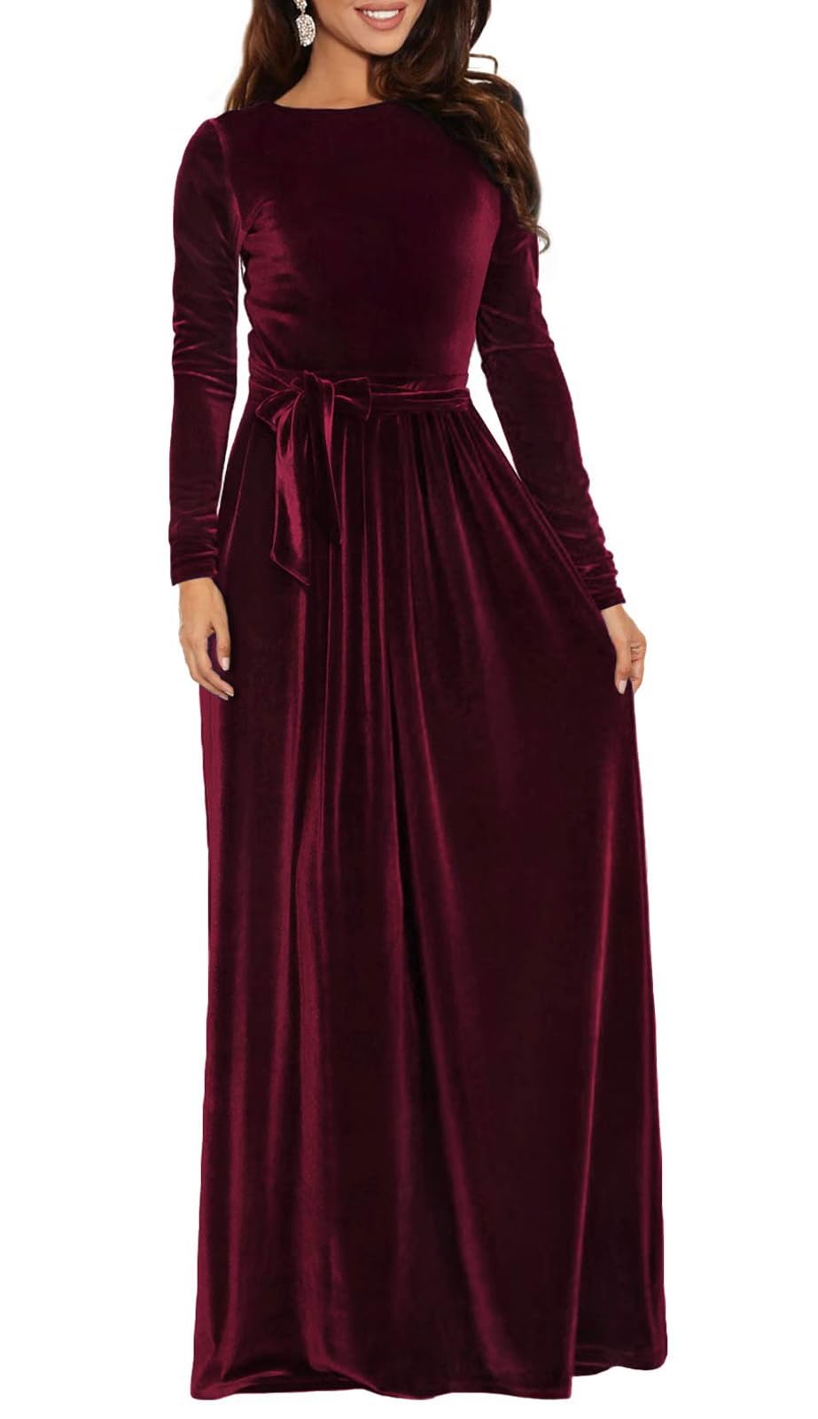 Photo 1 of BestGirl Women's Velvet Maxi Dress Crew Neck Long Sleeve High Waist with Belt Cocktail Party Bridesmaid Dresses
