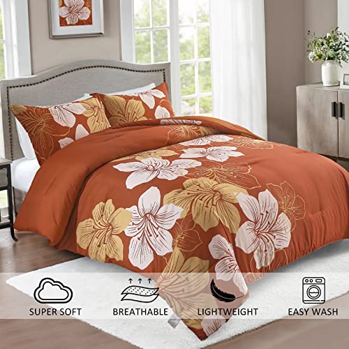 Menghomeus Queen Terracotta Floral Comforter Set - Soft Comforter Botanical Bedding Sets - Burnt Orange Bed Set Lightweight Boho Bed Comforter Set For Women Adults Teens (1 Comforter, 2 Pillowcases) #TOP1