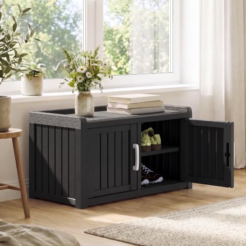 Image of Outdoor Shoe Storage Cabinet, Waterproof UV-Resistant Resin Storage Bench Indoor Outdoor with 2 Doors, Adjustable Shelves for Entryway, Bedroom, Hallway,Living Room(Black)