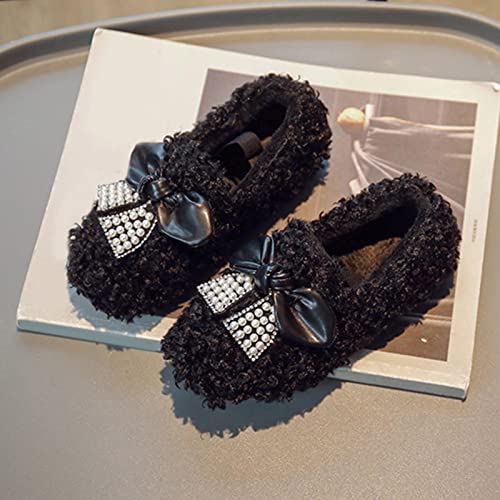 Winter Children Shoes Baby Girls Cotton Shoes Flat Non Slip Pearl Bow Plush Warm Lightweight Comfortable Slippers (Black, 10.5-11 Years Big Kids)2
