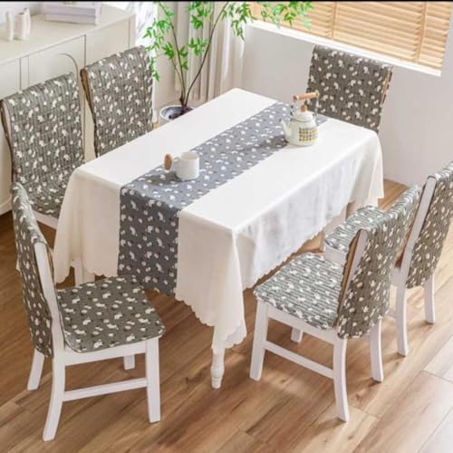 Image of HOMETHREADS Floral Cotton Chair Cover Set | Soft & Comfortable Seat Covers with Anti-Skid Non-Slip Backing + Waterproof Dining Table Cover (150x240 cm) (White Green, 8 Chair Covers + 1 Table Cover)