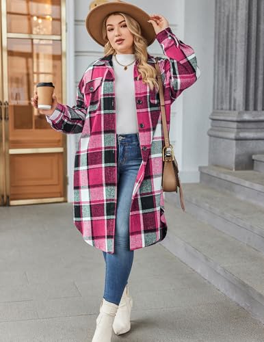 Zeagoo Womens Plus Size Flannel Plaid Button Down Shirts Long Sleeve Lounge Lapel Tartan Shacket Jacket Long Coats 20244