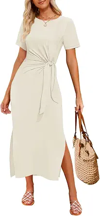 ZESICA Women's Summer Short Sleeve Bodycon Midi Dresses 2026 Casual Crewneck Knit Wrap Tie Waist T Shirt Long Dress