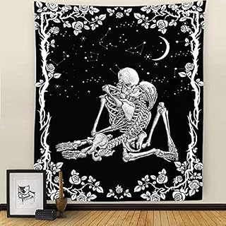 Simpkeely Skull Tapestry, The Kissing Lovers Black and White Tapestries, Moon and Starry Stars Floral Tapestry, Tarot Tapestry Human Skeleton Wall Hanging for Bedroom Dorm Home Décor - 200cm x 150cm