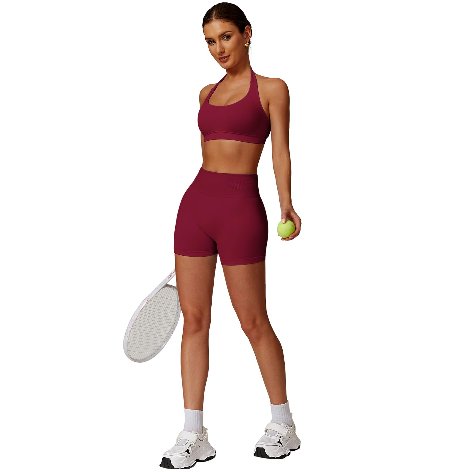 Set di allenamento da palestra senza cuciture per le donne 2 pezzi Halter Backless reggiseni sportivi nascosti pantaloncini elastici abiti da yoga tute da allenamento