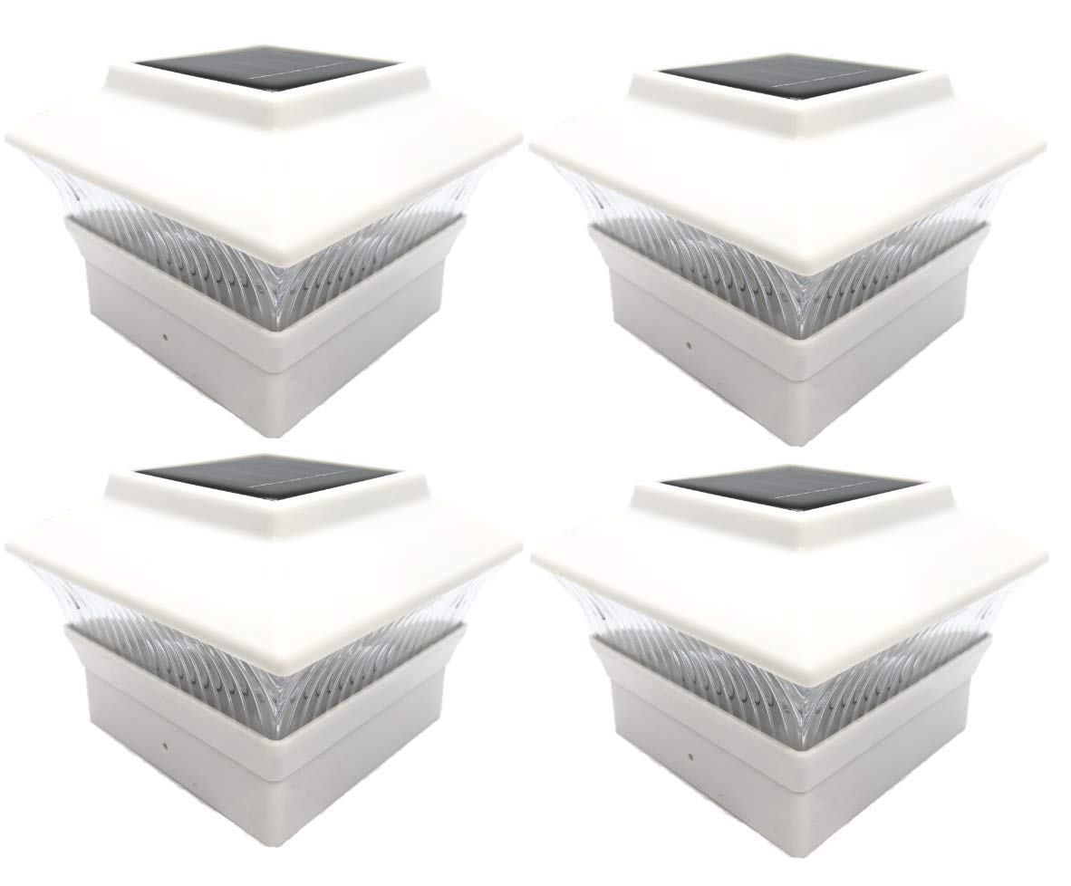 RELIGHTABLE (4 Pack) 4" x 4" Solar Power Square Outdoor Post Cap Lights for PVC Vinyl (White w/Textured Lens)