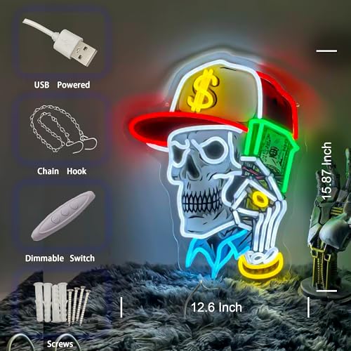 Image of Skull & Dollar Dreams LED Neon Sign USB Powered for Wall Decor, Horror Bones Neon Night Light Sign Dimmable for Boys Room Party Decor Halloween Birthday Gifts