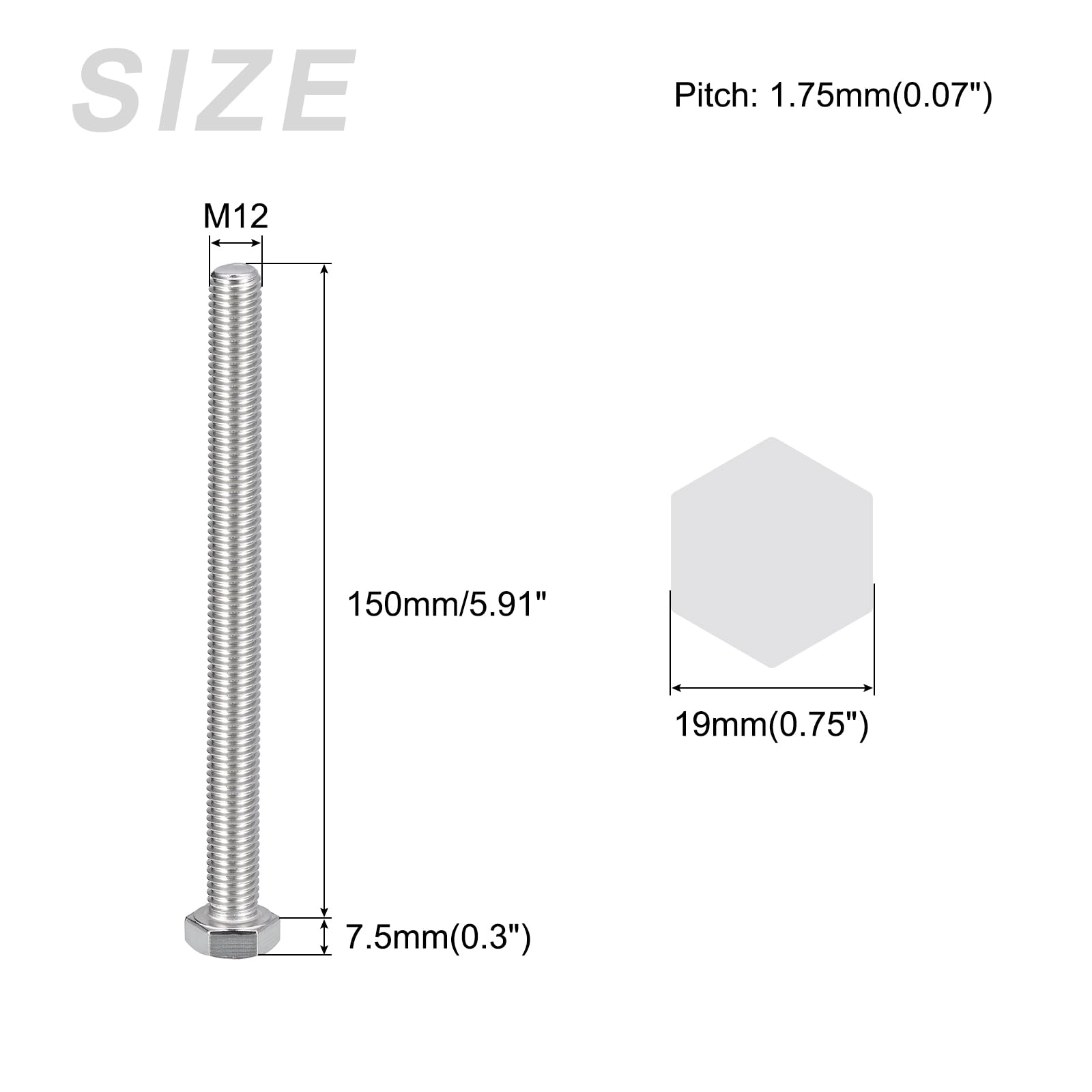 METALLIXITY Hex Bolts (M12-1.75x150mm) 2Pcs, 304 Stainless Steel Coarse Fully Threaded Hex Head Screw Bolt Machine Screws - Image 2
