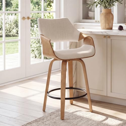 Image of HNY 26 inch Swivel Bar Stool Set of 1, Beige Linen Counter Height Barstool