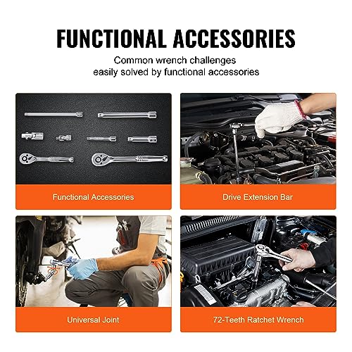 Image of VEVOR Socket Set, 1 /4 inch and 3 /8 inch Drive Socket and Ratchet Set, 6-Point Socket Opening, 106 Pcs Tool Set SAE and Metric, Deep and Standard Sockets, 5 /32-1 in, 5-19 mm, with Accessories, Storage Case
