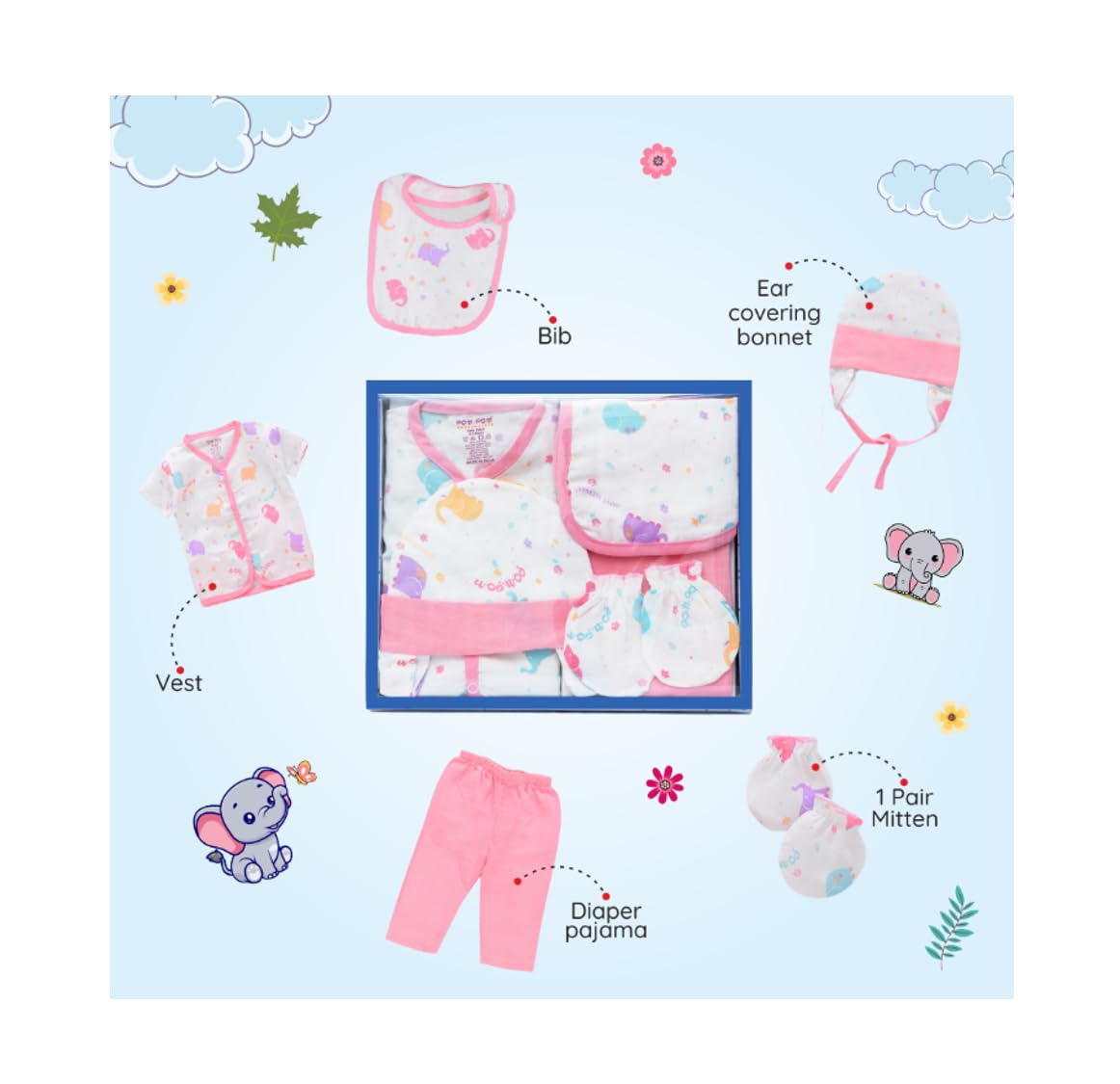 pom-pom SWEET HEARTS Newborn Baby Clothing Gift Set – Soft 100% Muslin Cotton | Gift Box Pack of 5 - Half Sleeves Shirt, Pajama/Pant, 1 Bib, 1 Pair Mittens & 1 Cap | Light Pink (New Born)-image-1