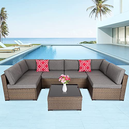 Kinbor Outdoor Patio Furniture Set - 7 Pieces Outdoor Sectional Sofa, Pe Rattan Wicker Patio Couch, Conversation Set With Coffee Table, Cushions For Porch, Backyard, Pool, Deck, Dark Grey #TOP30