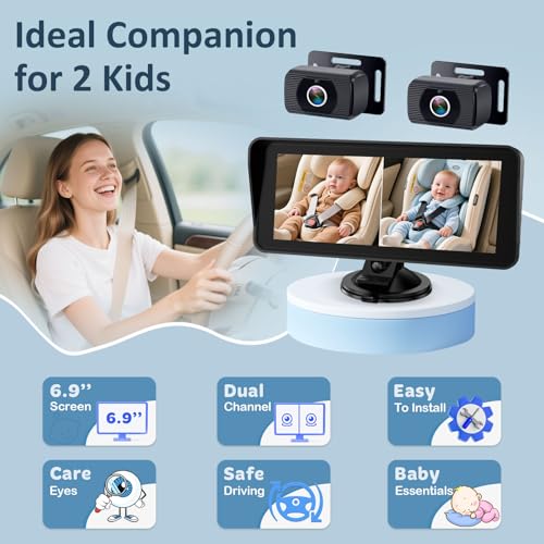 2-kids baby car camera for seat 69 inch ultrawide display with two cameras rear facing - usb powered backseat camera hd 1080p easy to install