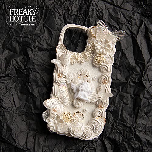 Freaky Hottie《Escape From Eden》Vintage Baroque Phone Case White Angel & Cream Glue Handmade Girl Ladies Glitter Cute Shockproof Cover (Iphone 13 Pro) #TOP4