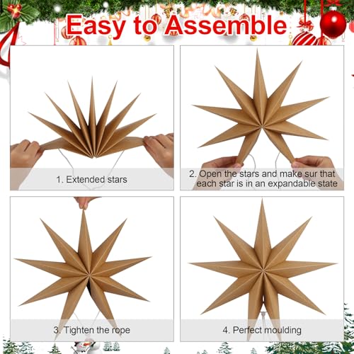 Image of 12 Inches 5 PCS Brown Paper Star Lanterns Christmas Party Decorations Hanging Stars Christmas Party Decorations Wedding Birthday Christmas Home Party Decorations(9 Pointed)