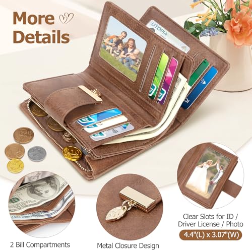 Genuine Leather Wallet for Women RFID Blocking Bifold with Zipper Pocket & ID Window (Light Brown)3