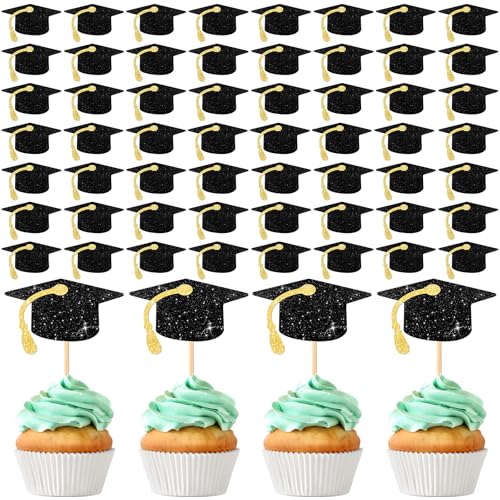 Leinuosen 100 Pcs 2025 Graduation Cap Cupcake Toppers Bulk Glitter Congrats Grad Cap Cupcake Picks with Tassels for Class of 2025 Graduate Party Cake Decorations Supplies(Gold Tassel)
